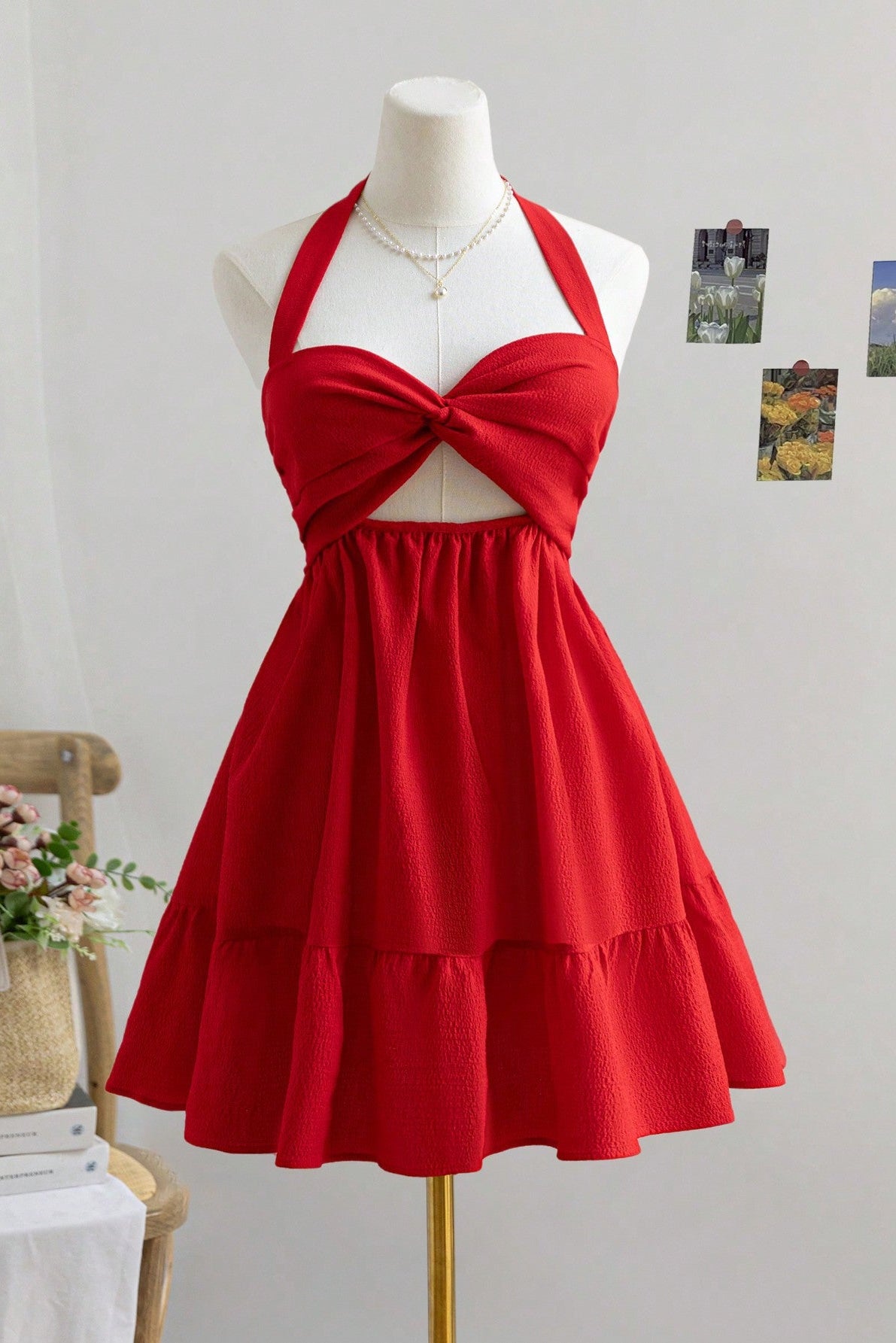 grace Red halter-neck backless mini dress