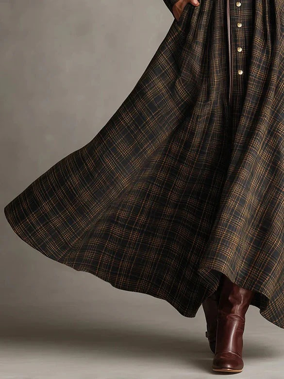 long sleeve printed lapel elastic cinched maxi dress