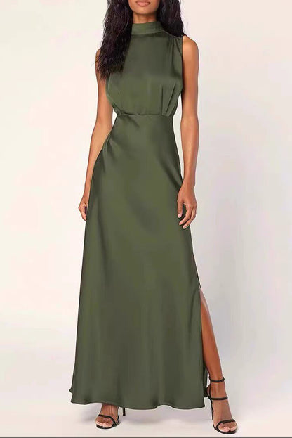 green stand collar slit banquet dress