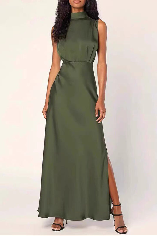 green stand collar slit banquet dress