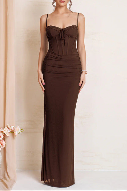 brown suspender mesh lace patchwork lace-up pleated dress