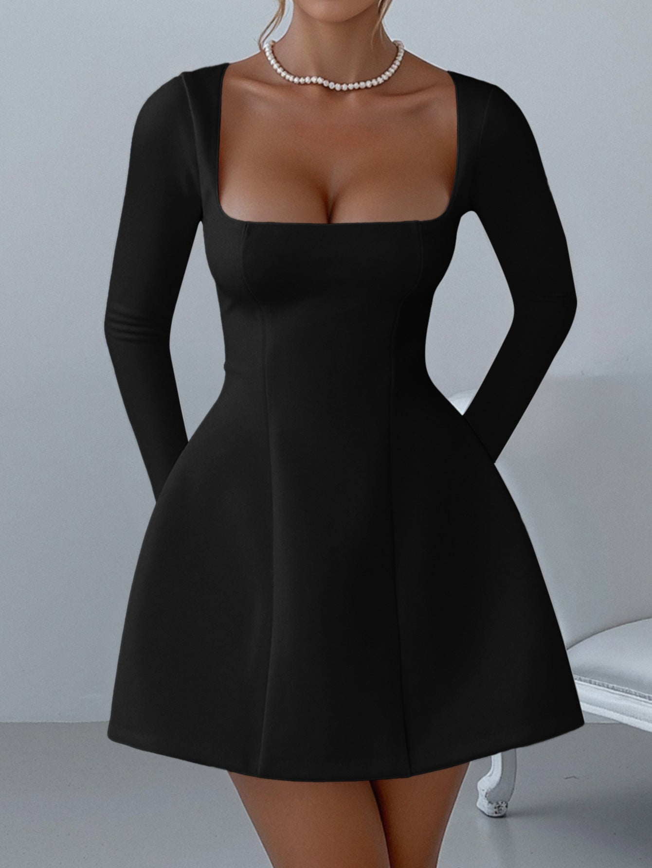 black long sleeves A-line mini dress