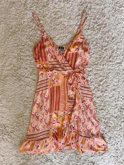 floral ruffle side tie V-neck slip dress