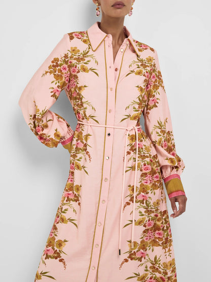 Collared lantern Long-Sleeved floral print Vacation Maxi Dress - pink