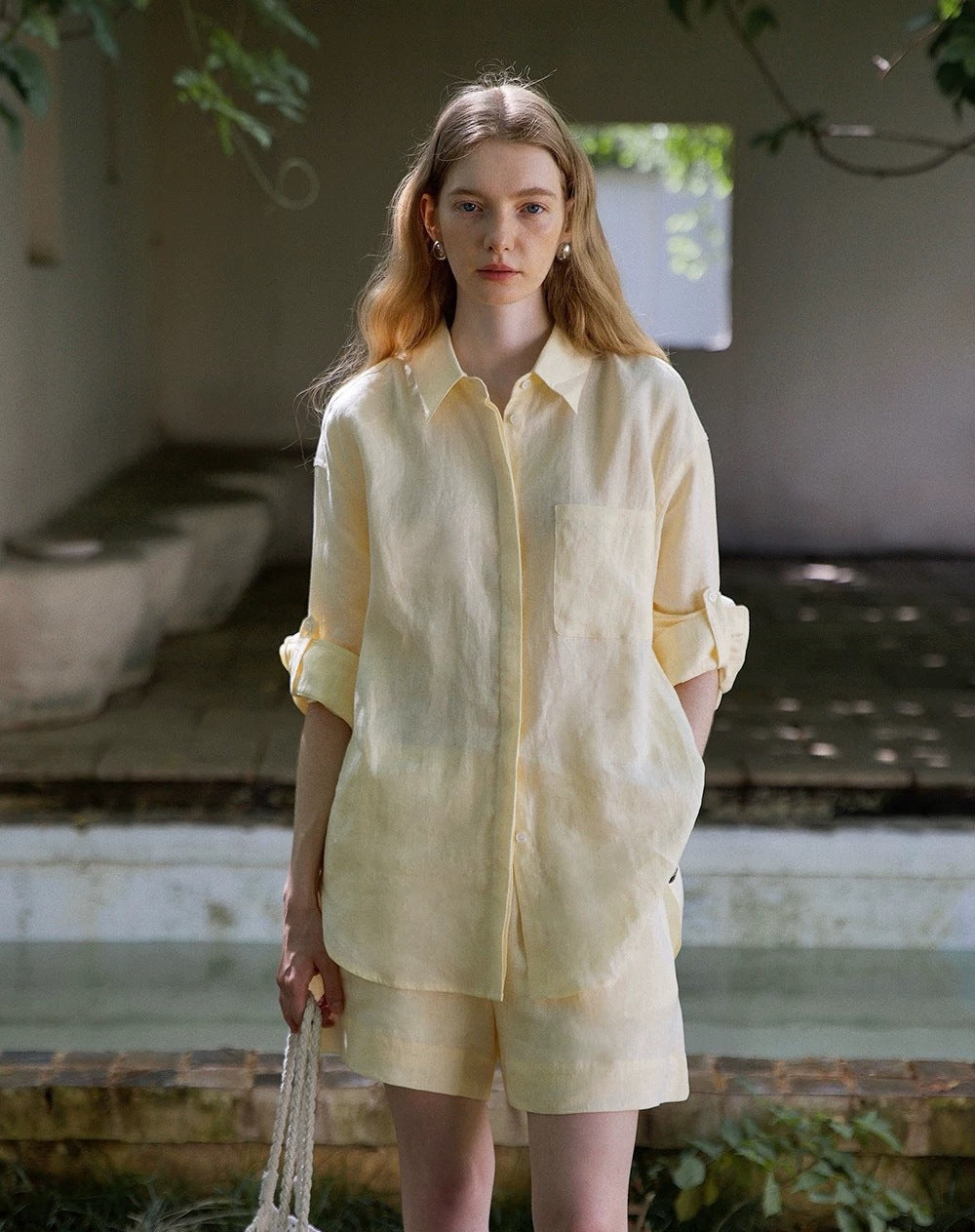 White linen oversized shirt and shorts set