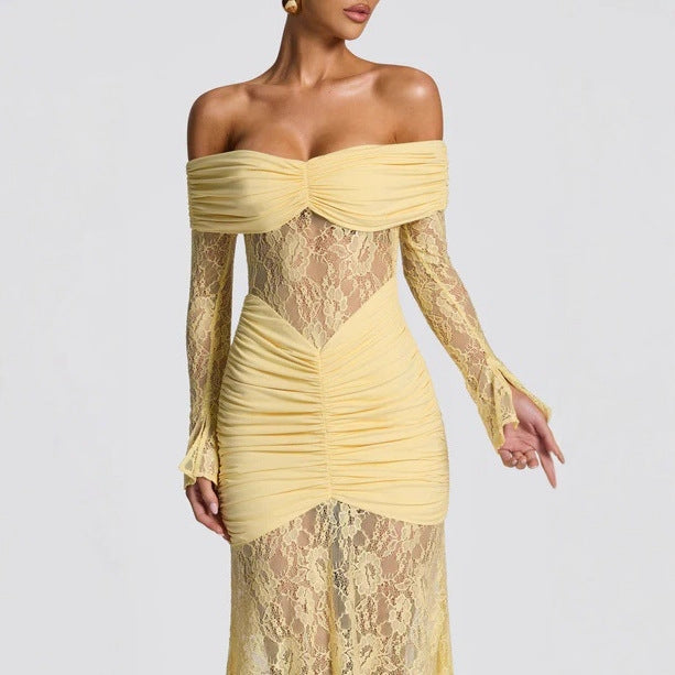 damla yellow Lace-trimmed flared sleeve fishtail dress