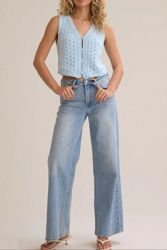 cut-out high-gloss gloss pearl button embellishment V-neck vest