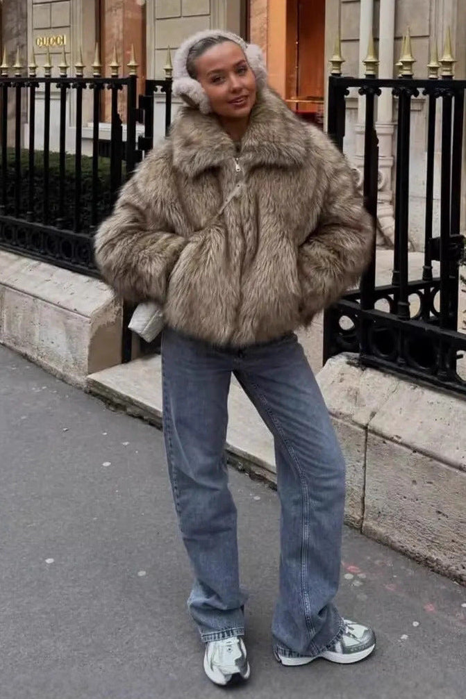 warm imitation fur jacket in Light yellow