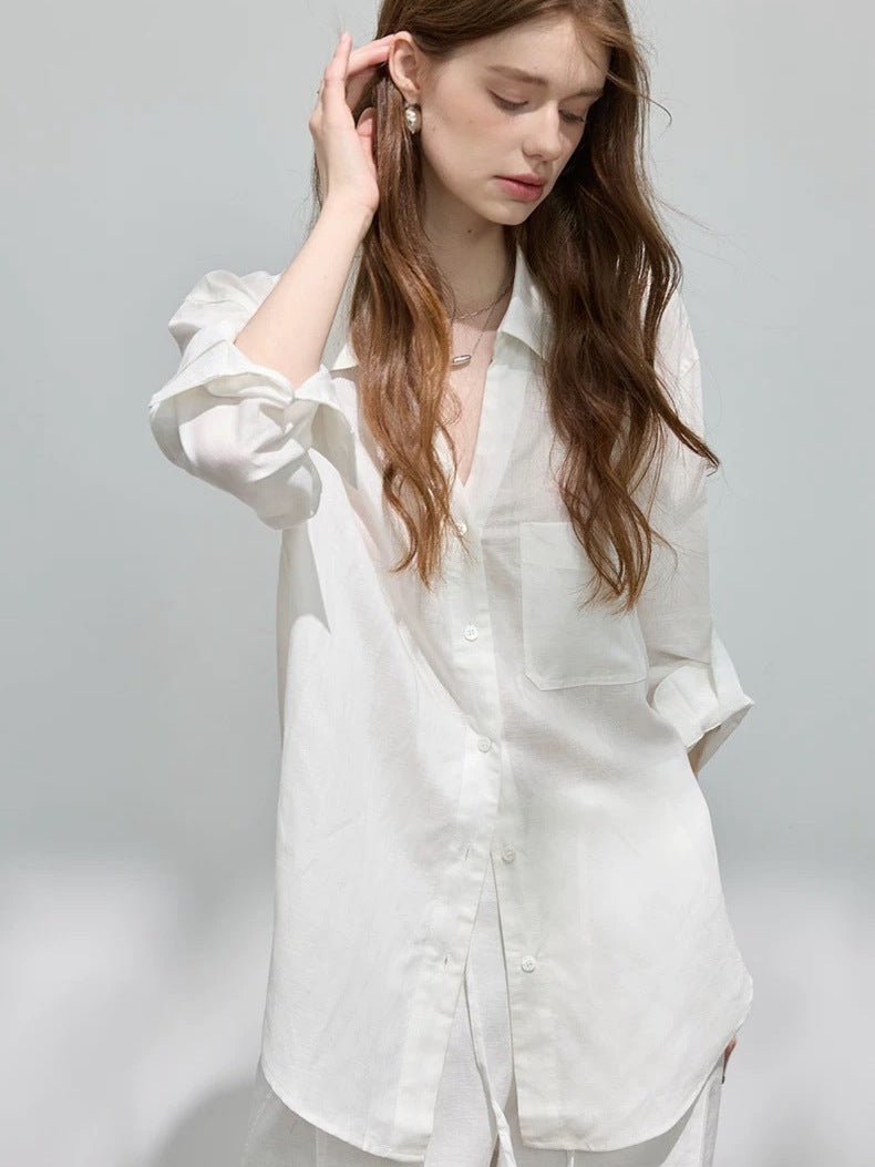 Loose-fitting lapel ramie long-sleeve shirt
