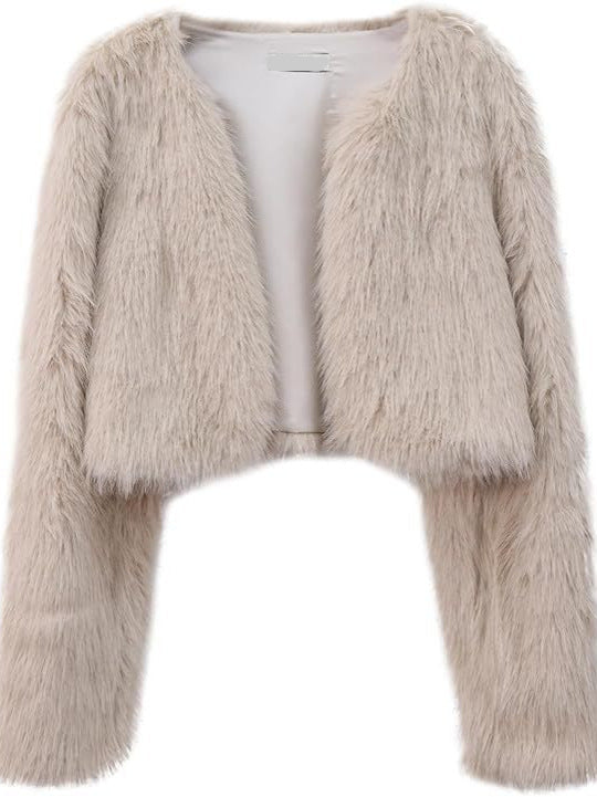 faux fur coat long sleeve collarless jacket