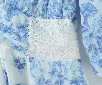 Floral lace patchwork deep V-neck puff sleeves mini dress