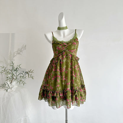Country-style floral multi-layered cake mini dress - Green