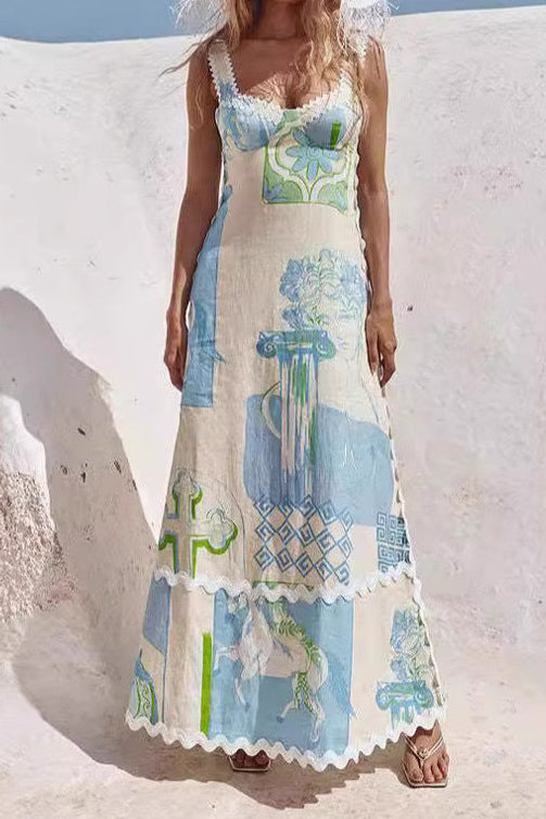linen print backless bow tie dress