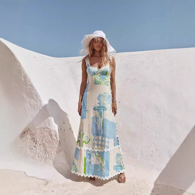 linen print backless bow tie dress