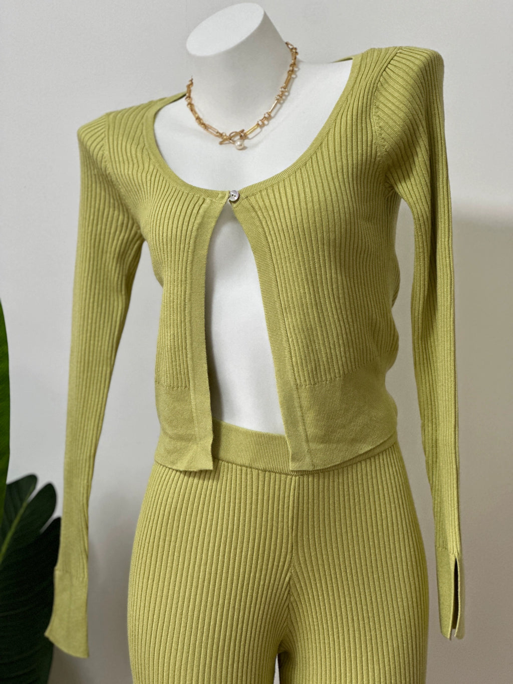 green Strip Knitted Cardigan Flared Pants Two-Piece Set