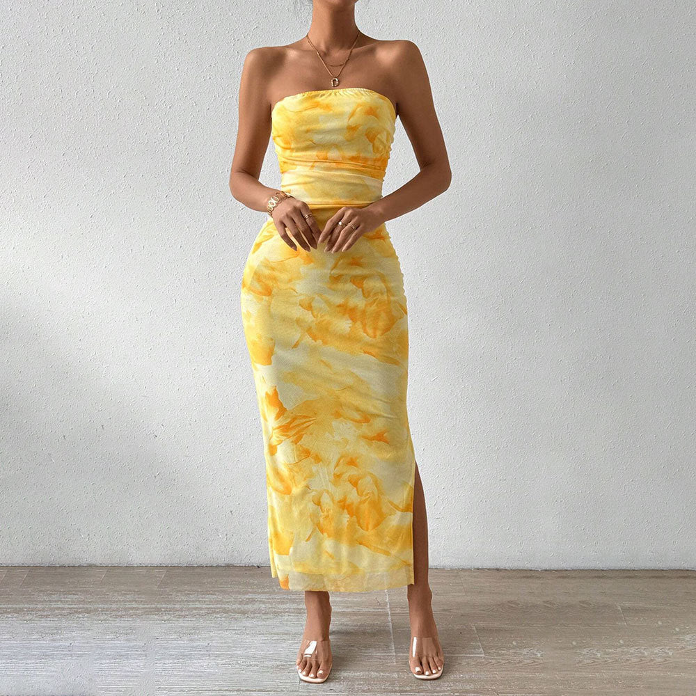 yellow Mesh Print High-Waisted Slit Strapless Bodycon dress