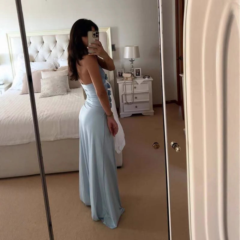 blue Floral backless halter neck tie maxi dress