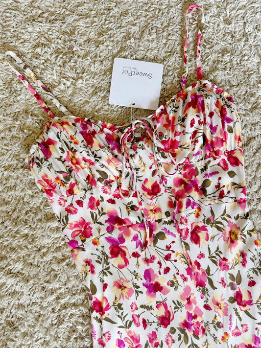 Front Tie Floral Spaghetti Strap Midi Slip Dress