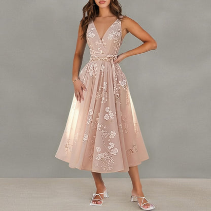 pink V-Neck Print Lace-up Sleeveless Dress