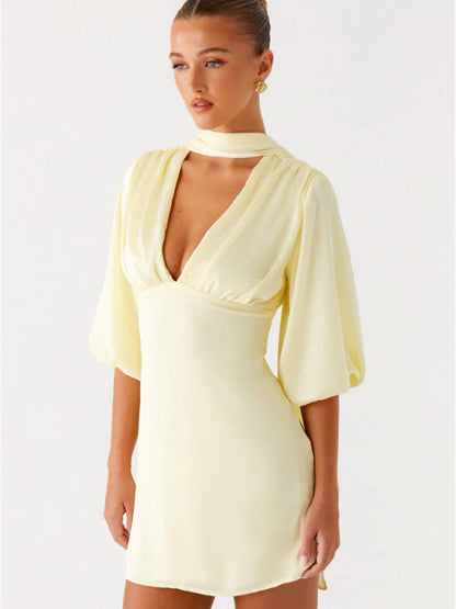 yeloow V-neck lantern mid-sleeve waist dress