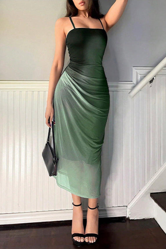 green Mesh Suspender Backless Dress