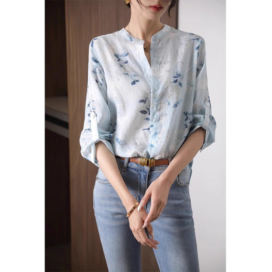 blue Three-quarter sleeve printed cotton shirt