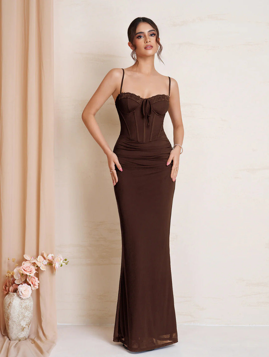 brown suspender mesh lace patchwork lace-up pleated dress