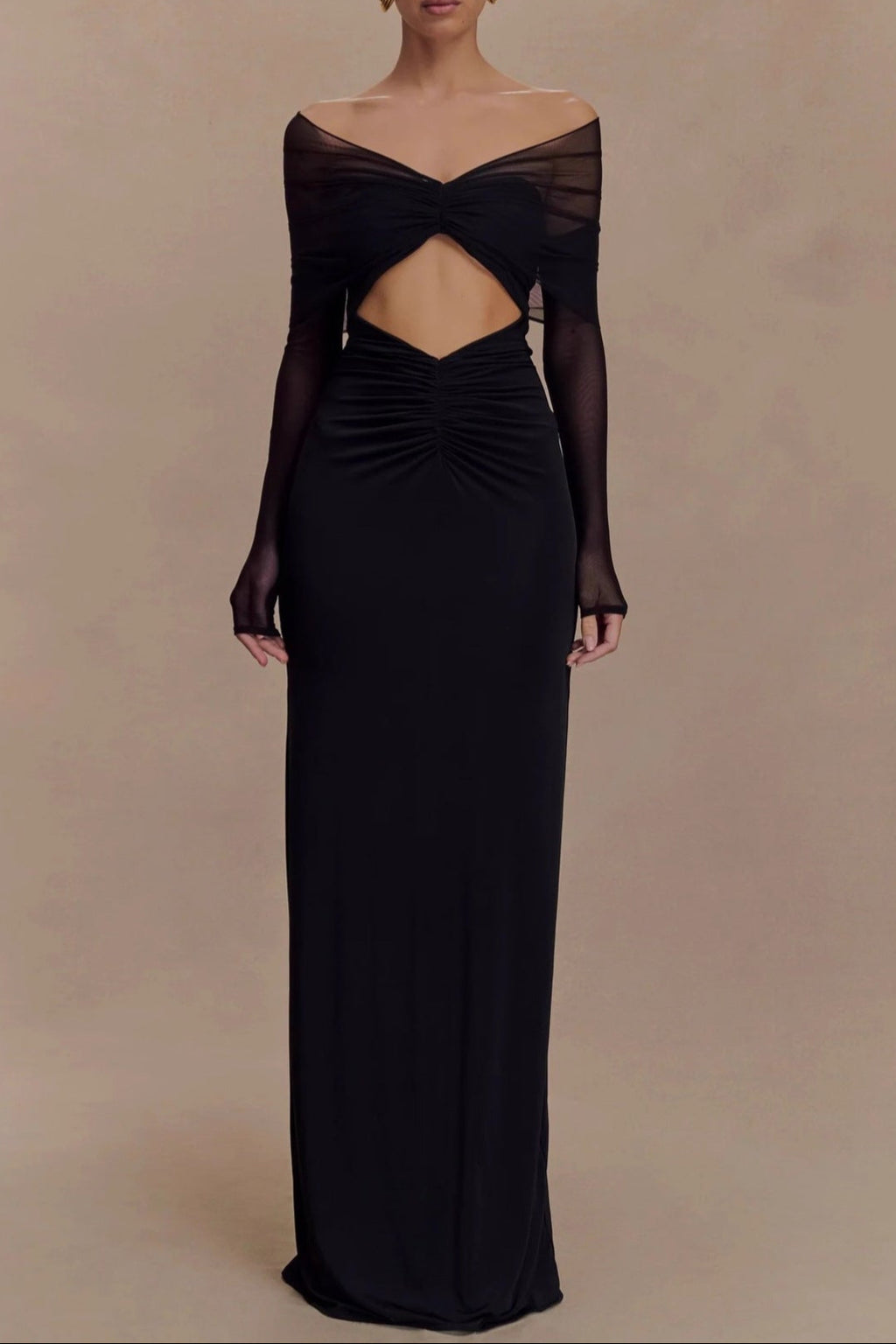 black openwork spliced mesh long sleeve dress