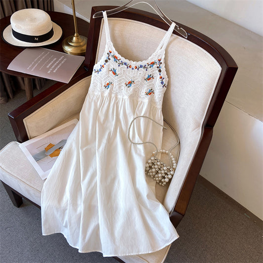 Hollow-out embroidered camisole midi dress