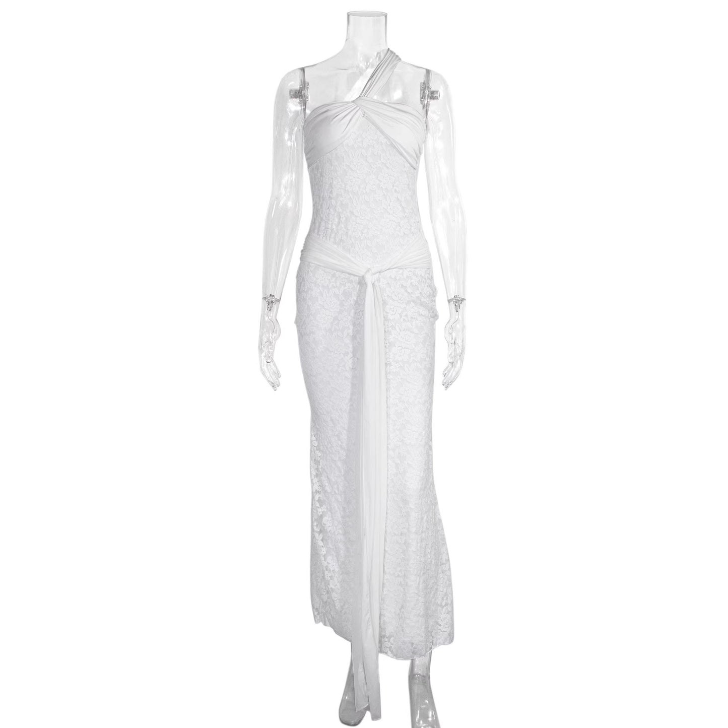 white slanted shoulder strap lace dress