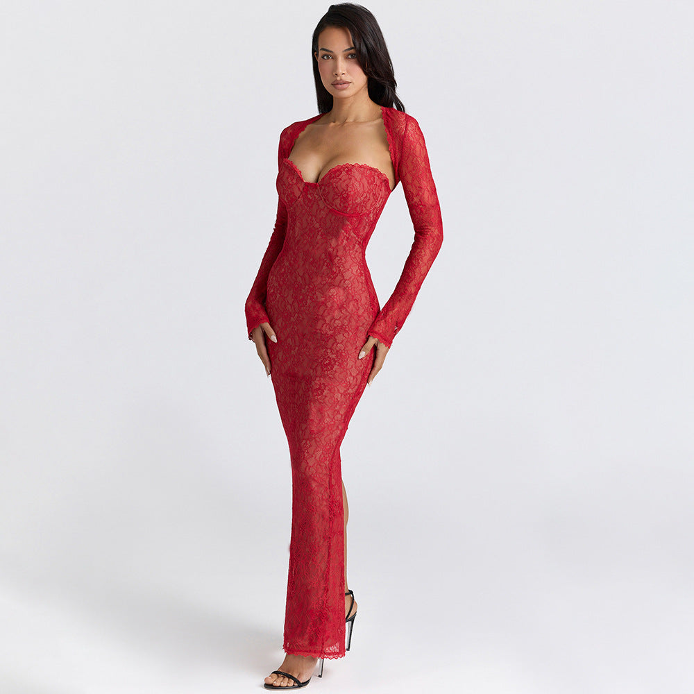 red lace see-through shawl long sleeve top bandeau mermaid skirt set