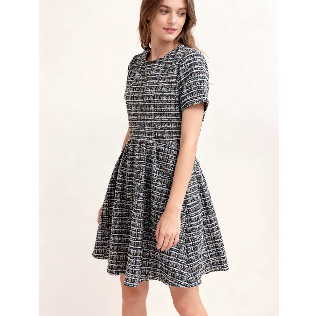 gray tweed short-sleeved mini dress