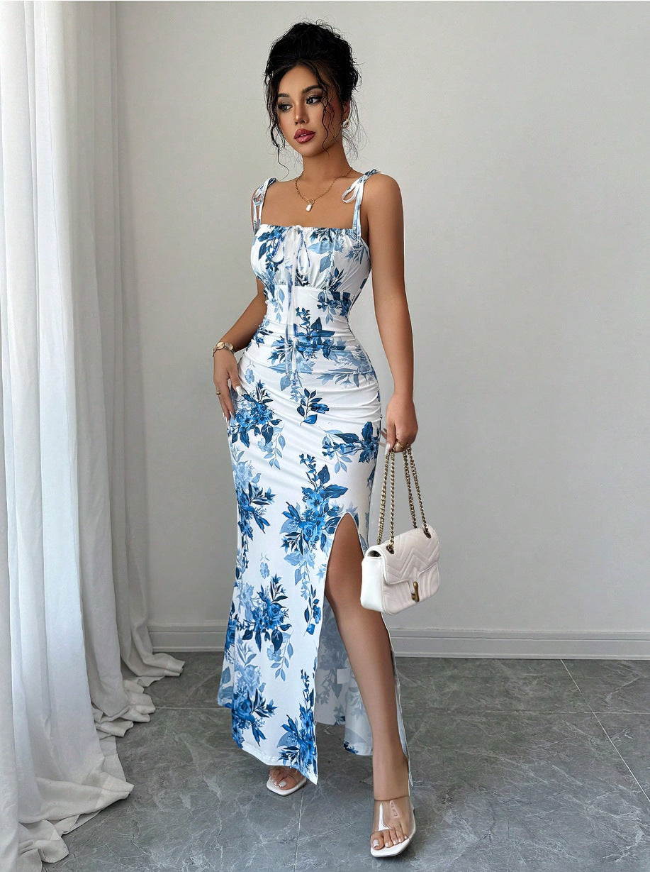 slip flower slim slit dress