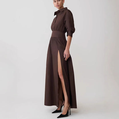 brown Waist Design Slit dress