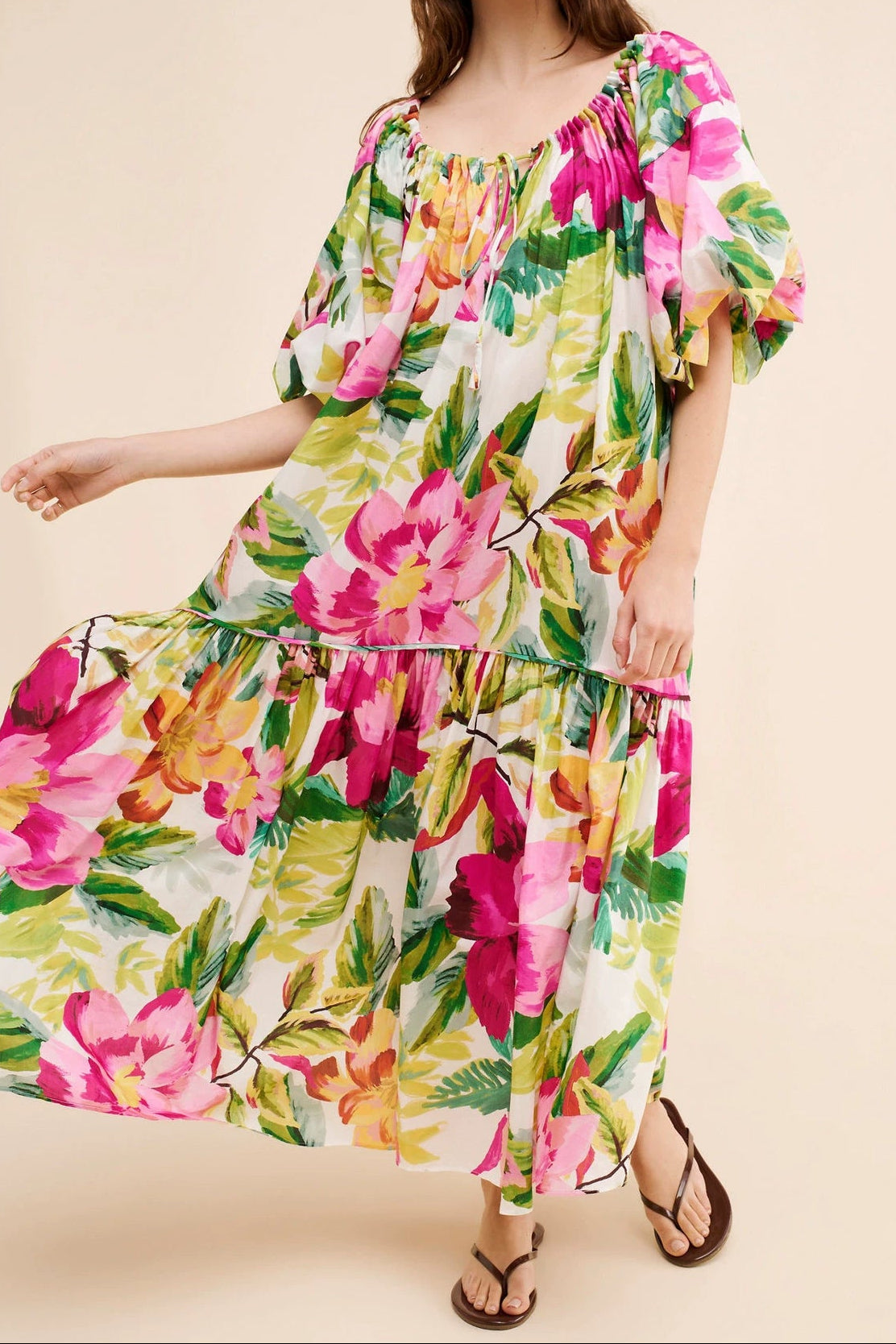 Floral print square neck puff sleeve maxi dress