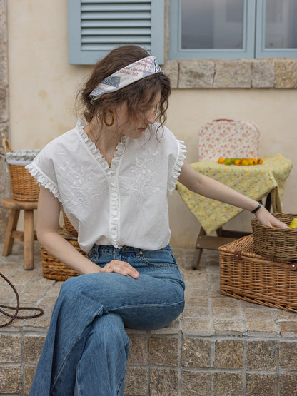white linen-cotton patchwork sleeveless lace shirt
