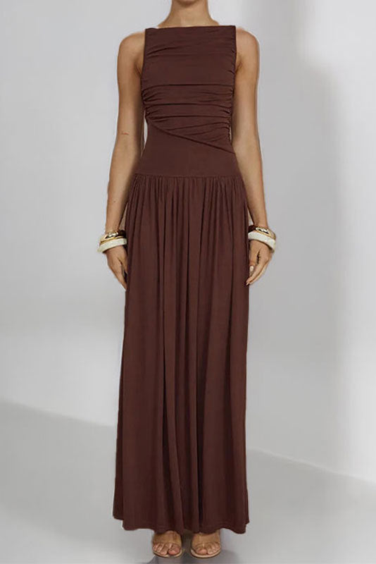 brown Pleated sleeveless maxi dress