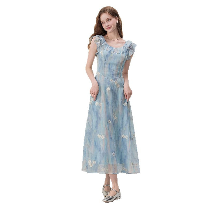 Gradient floral print U-neck maxi dress - blue