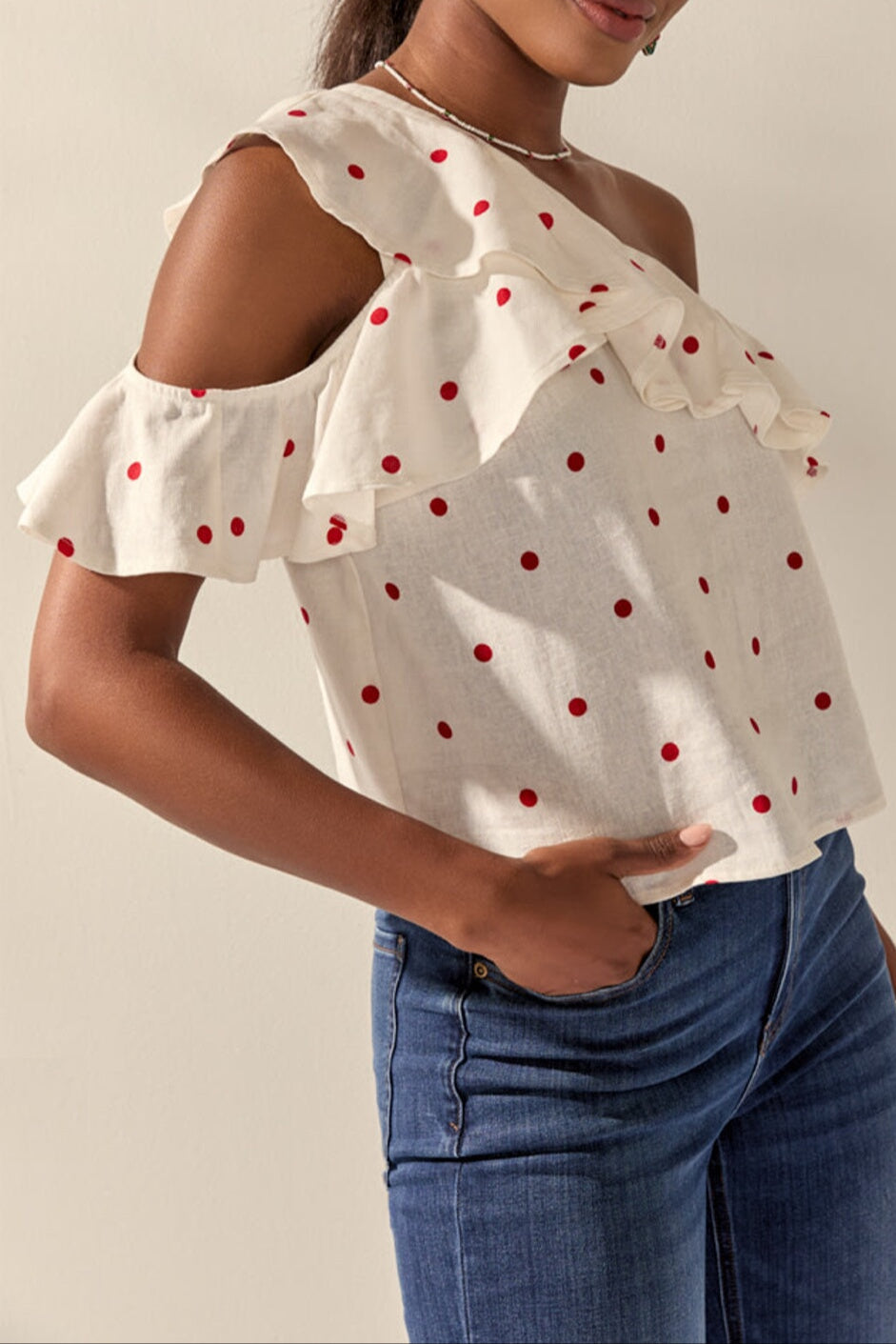 polka dot ruffle one-sided off-the-shoulder linen top