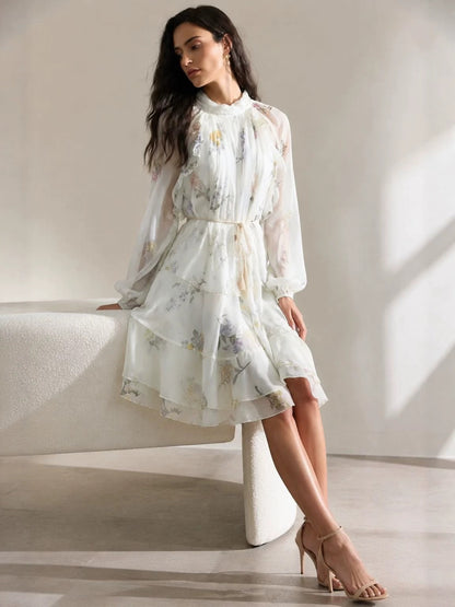 white Floral Chiffon Ruffled Tassel Belt Dress
