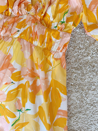 Puff Sleeve V-Neck Tiered Floral Maxi Dress