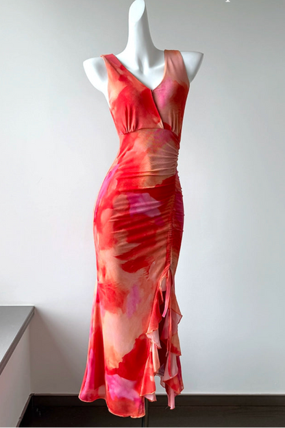 V-neck Sleeveless Off-shoulder Wavy Ruffled Mesh Dress
