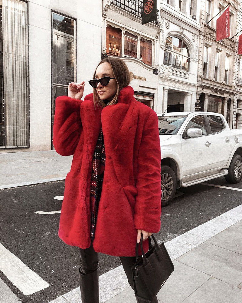 plus-size fur plush loose lapel midi coat