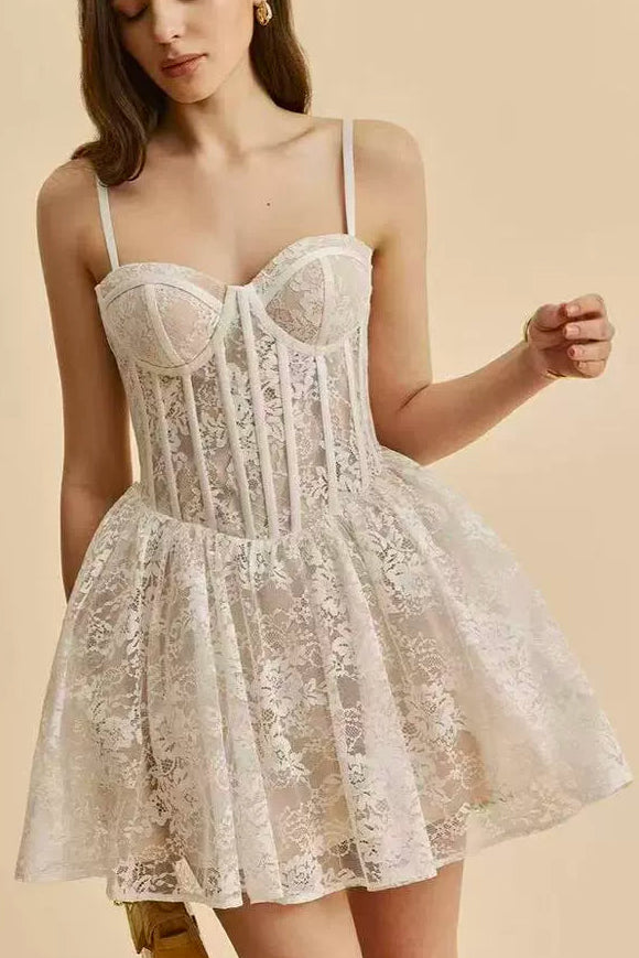 white lace fluffy mini dress