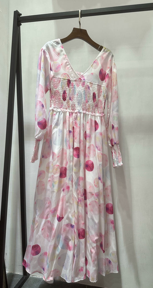 Pink Print V-Neck Elasticated Midi Dress