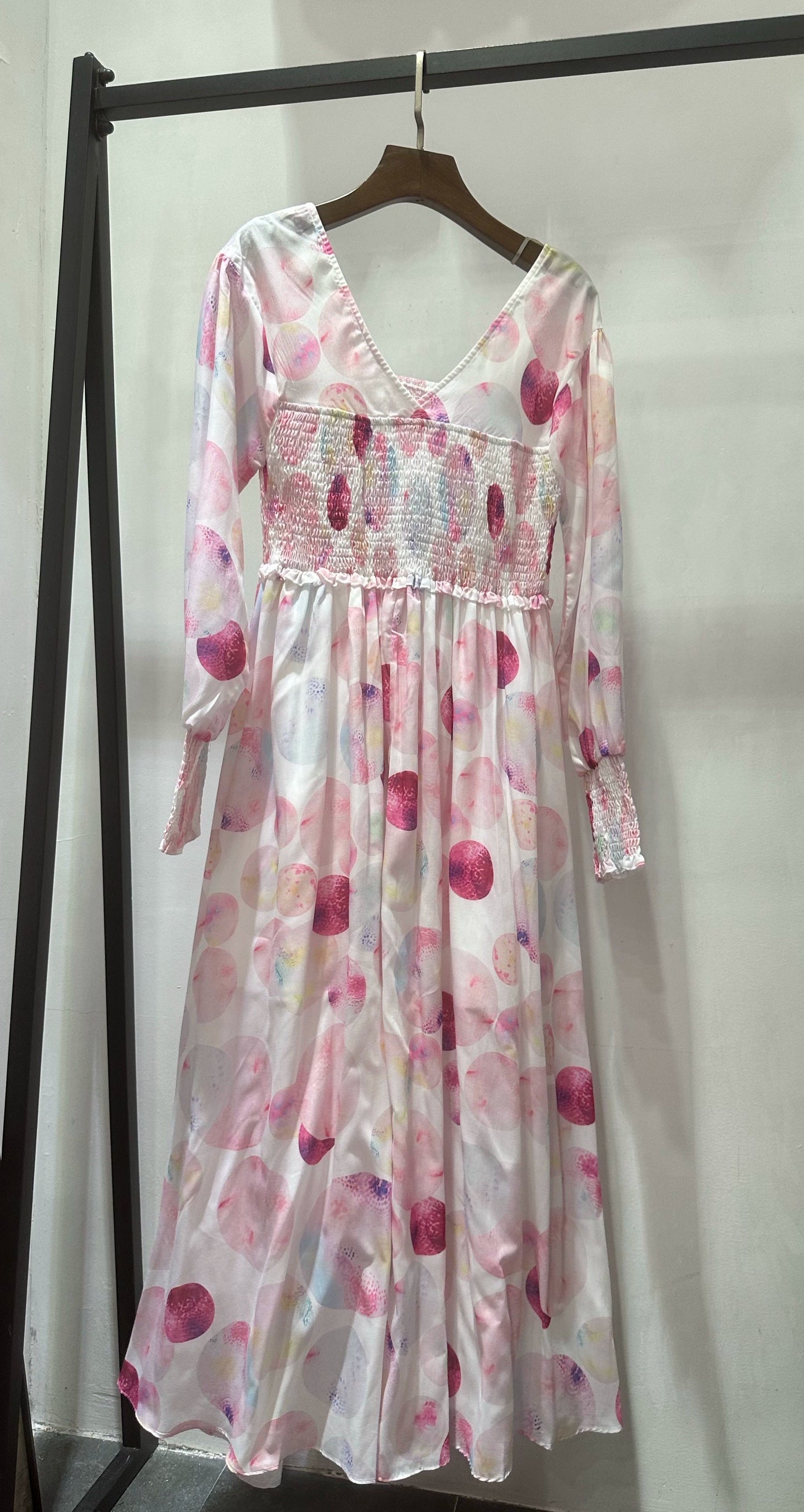 Pink Print V-Neck Elasticated Midi Dress