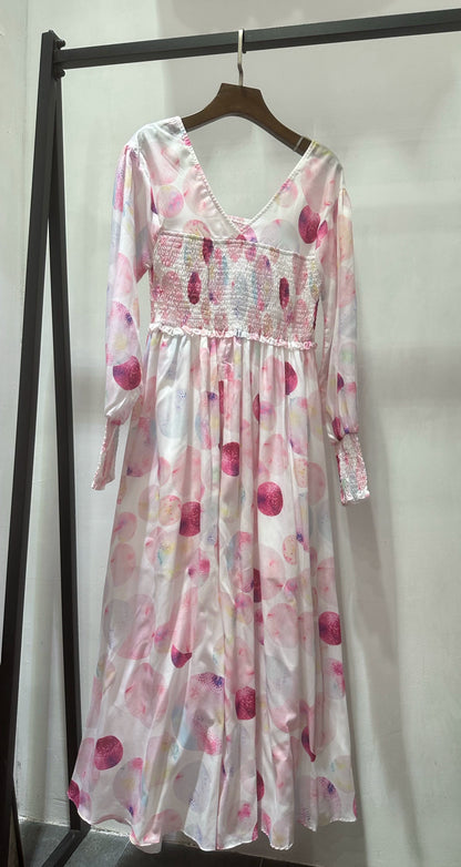 Pink Print V-Neck Elasticated Midi Dress
