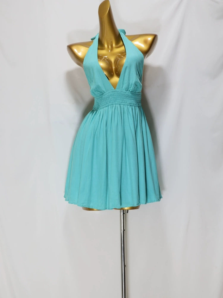 blue V neck sleeveless mini dress