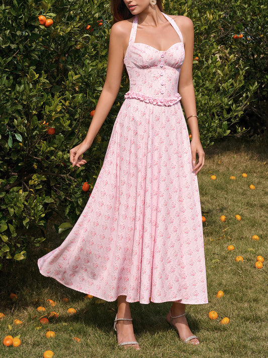 pink print Backless Halter-neck Tie-Up maxi Dress