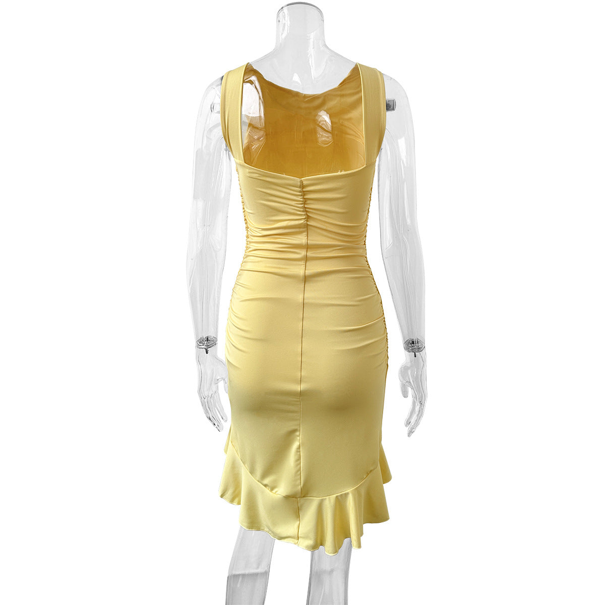 Sleeveless backless round neck ruffled asymmetrical dress